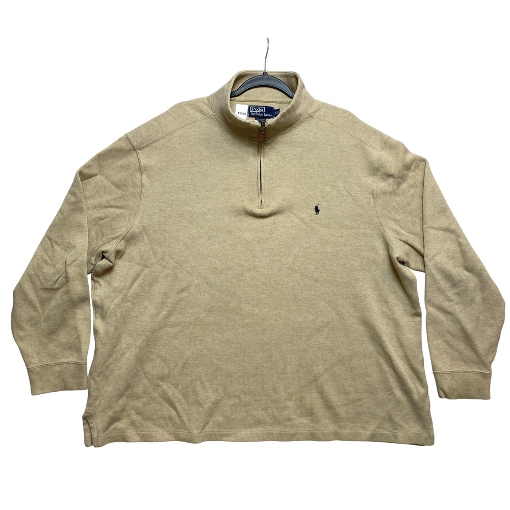 Polo Ralph Lauren Pullover Mens XXL Tan Quarter Zip Ribbed Knit Mock Neck Logo